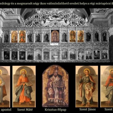 A restaurált műtárgy és a megmaradt négy ikon valószínűsíthető eredeti helye a régi máriapócsi ikonosztázban