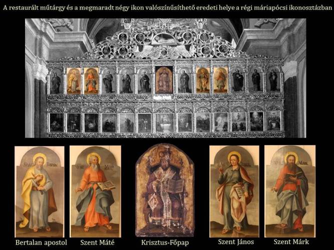 A restaurált műtárgy és a megmaradt négy ikon valószínűsíthető eredeti helye a régi máriapócsi ikonosztázban