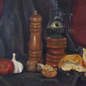Csendélet kávédarálóval (olaj, vászon farostra kasírozva, 30 x 42 cm)